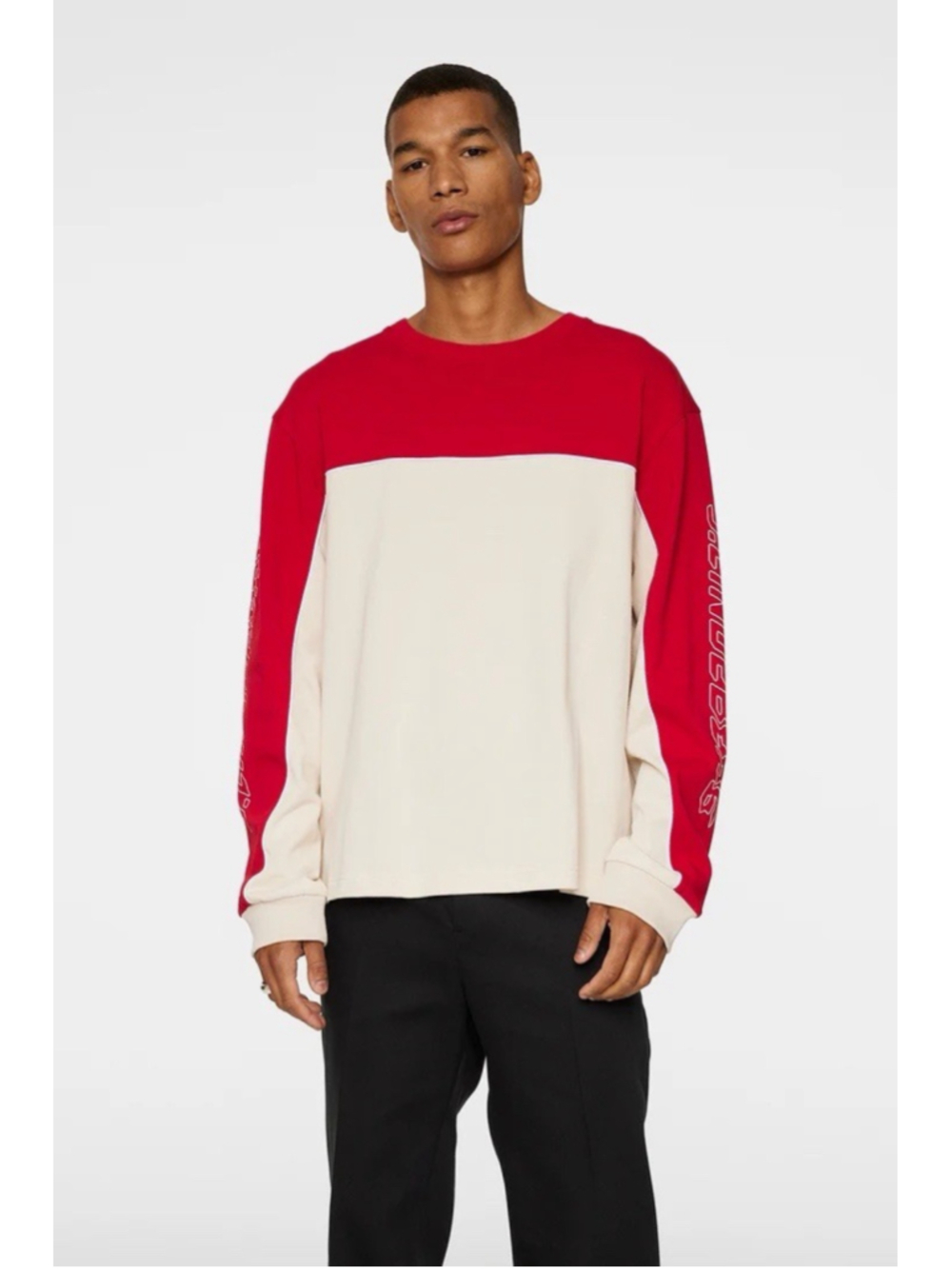 J.Lindeberg Mens Stanley Panel Long Sleeve Tee Shirt Moonbeam L Red/Ecru NEW